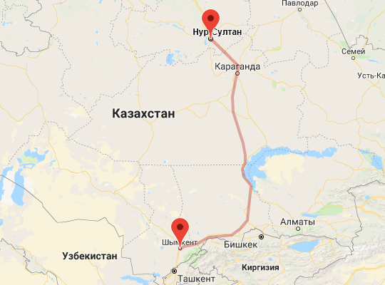 маршрут пути следования Астана (экс-Нур-Султан) — Шымкент