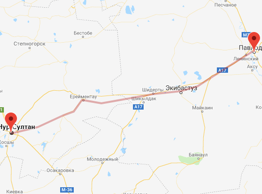 маршрут пути следования Астана (экс-Нур-Султан) — Павлодар