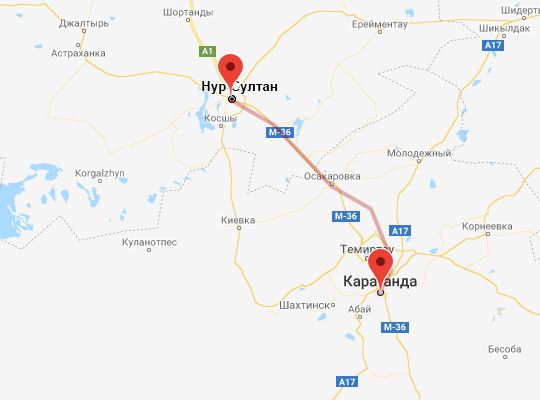 маршрут пути следования Караганда — Астана (экс-Нур-Султан)