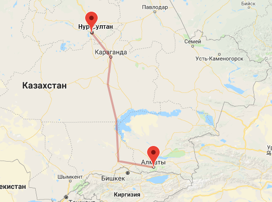 маршрут пути следования Нур-Султан — Алматы