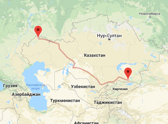маршрут пути следования Уральск — Алматы