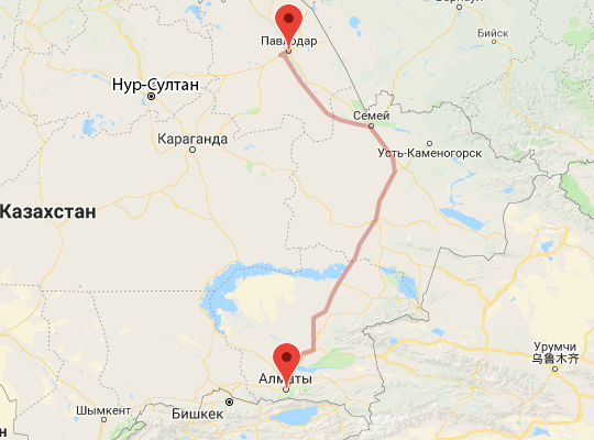 маршрут пути следования Алматы — Павлодар