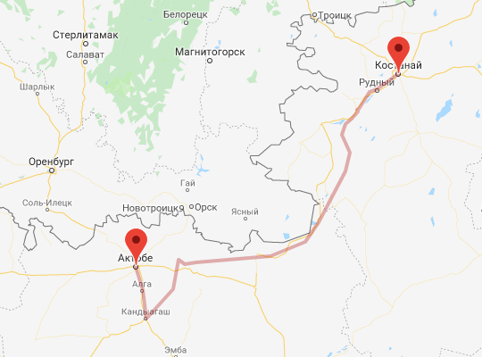 маршрут пути следования Костанай — Актобе