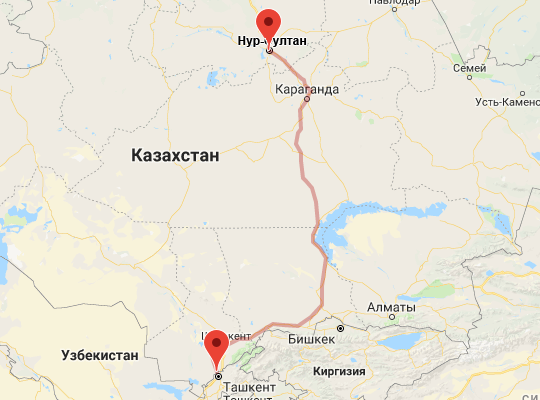 маршрут пути следования Астана (экс-Нур-Султан) — Сарыагаш