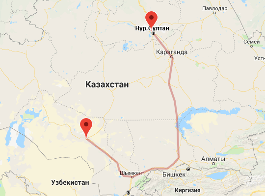 маршрут пути следования Кызылорда — Нур-Султан