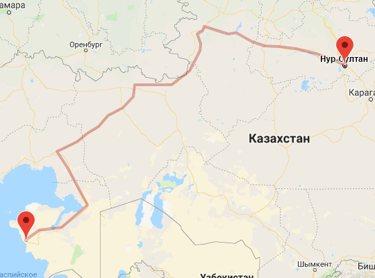 маршрут пути следования Астана (экс-Нур-Султан) — Мангистау и Актау