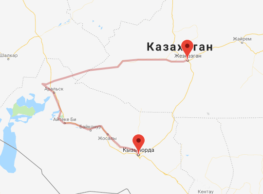 маршрут пути следования Кызылорда — Жезказган