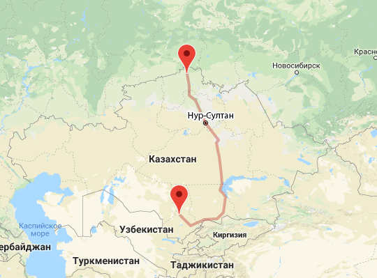 маршрут пути следования Туркестан — Петропавловск