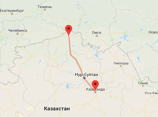 маршрут пути следования Караганда — Петропавловск