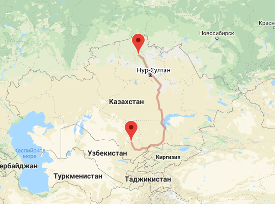 маршрут пути следования Туркестан — Кокшетау
