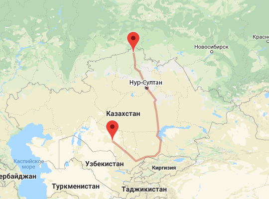 маршрут Петропавловск — Кызылорда маршрут пути следования Петропавловск — Кызылорда