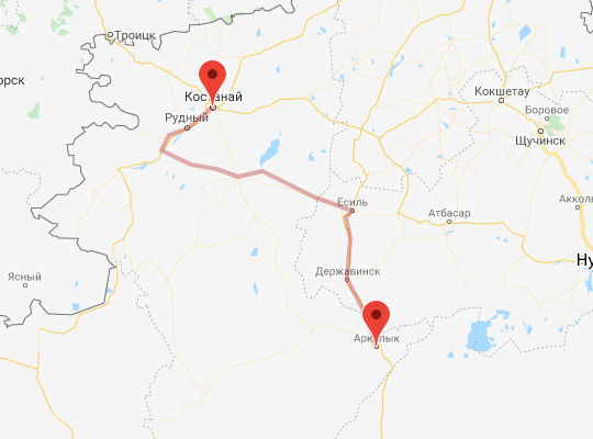 маршрут пути следования Костанай — Аркалык