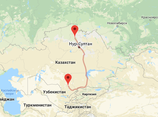 маршрут пути следования Туркестан — Курорт-Боровое