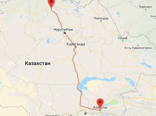 маршрут пути следования Кокшетау — Алматы