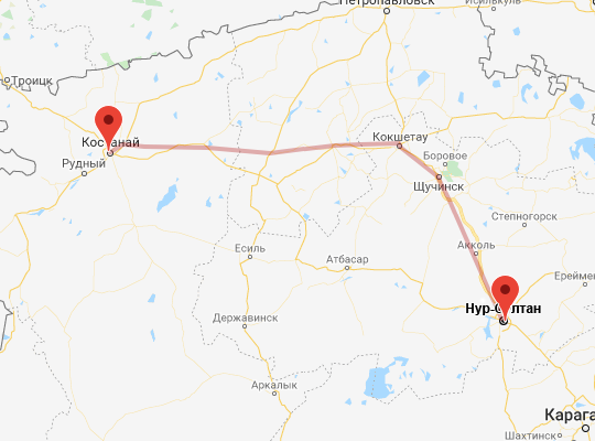 маршрут пути следования Астана (экс-Нур-Султан) — Костанай