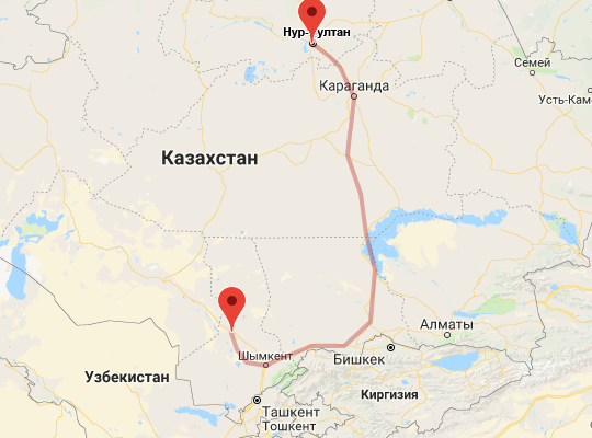 маршрут пути следования Туркестан — Нур-Султан
