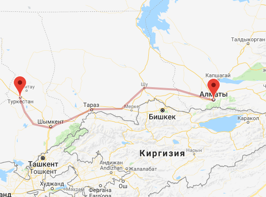 маршрут пути следования Туркестан — Алматы