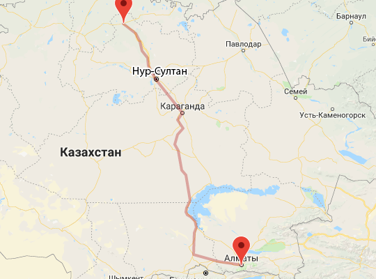 маршрут пути следования Алматы — Кокшетау