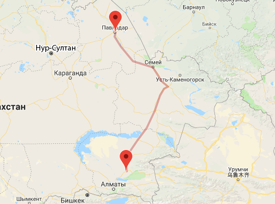 маршрут пути следования Сары-Озек — Павлодар