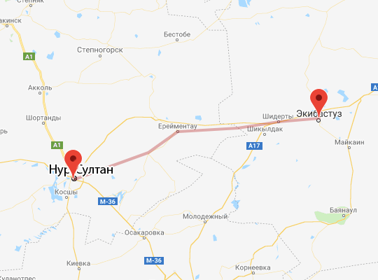 маршрут пути следования Экибастуз — Астана (экс-Нур-Султан)