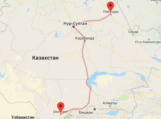 Павлодар — Шымкент бағытының қозғалыс маршруты