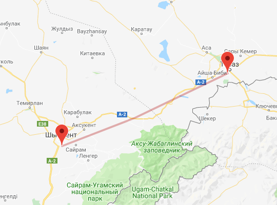 маршрут пути следования Тараз — Шымкент