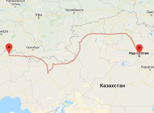 маршрут пути следования Уральск — Астана (экс-Нур-Султан)