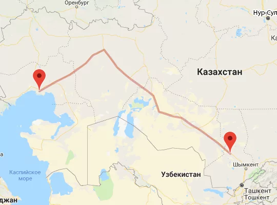 маршрут пути следования Туркестан — Атырау
