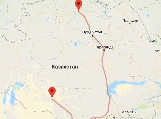 маршрут пути следования Кокшетау — Кызылорда