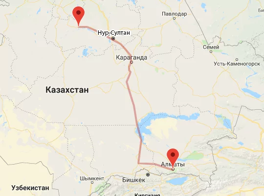 маршрут пути следования Атбасар — Алматы