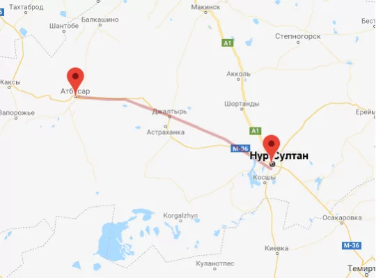 маршрут пути следования Атбасар — Астана (экс-Нур-Султан)