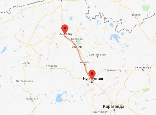 маршрут пути следования Кокшетау — Астана (экс-Нур-Султан)