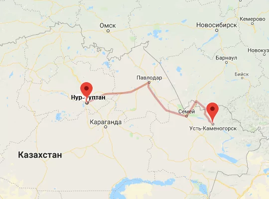 маршрут пути следования Усть-Каменогорск — Астана (экс-Нур-Султан)