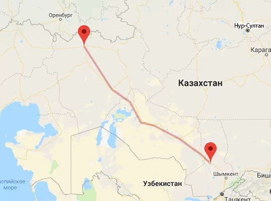 маршрут пути следования Актобе — Туркестан