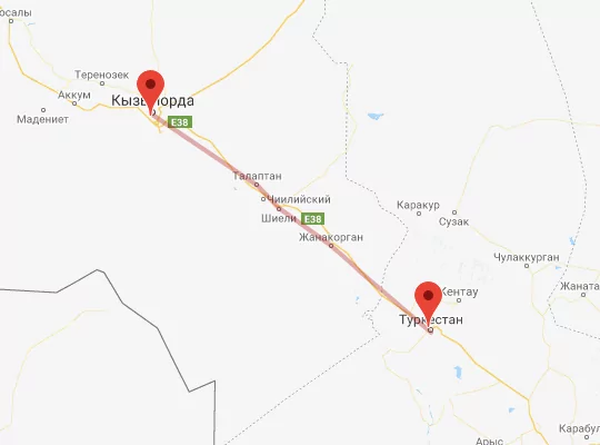 маршрут пути следования Туркестан — Кызылорда
