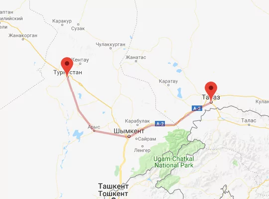 маршрут пути следования Тараз — Туркестан
