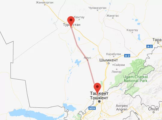 маршрут пути следования Туркестан — Сарыагаш