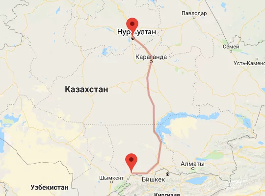 маршрут пути следования Тараз — Астана (экс-Нур-Султан)